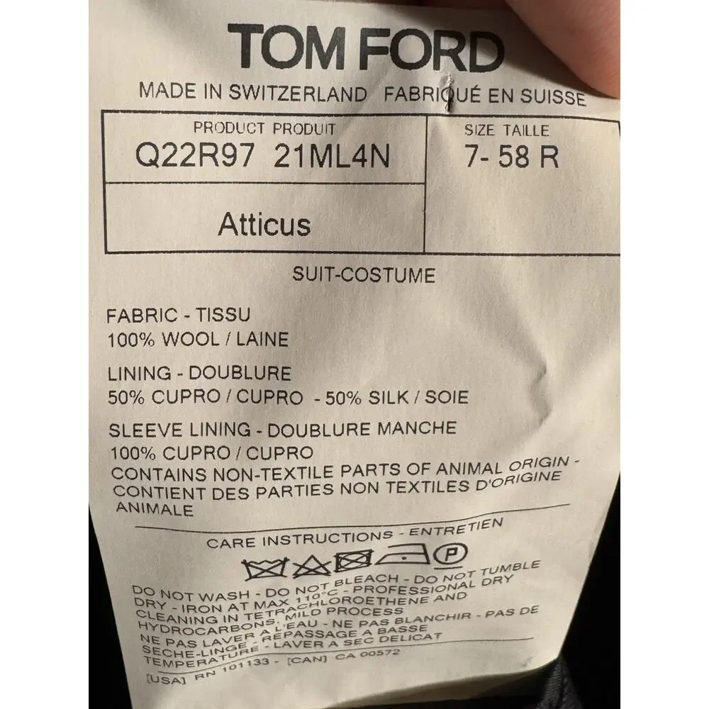 Tom Ford Black Wool Atticus 2 Piece Suit Peak Lapels 58R 48R US 40x30 EUC